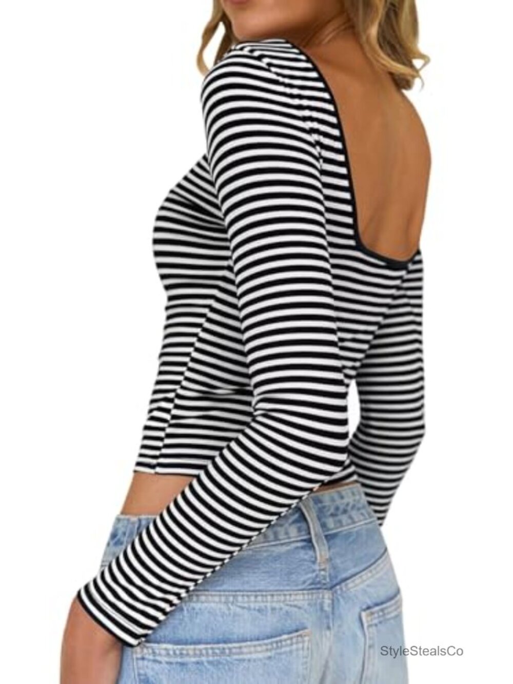 Long Sleeve Striped Crop Top Backless Y2K Women's Fitted Tee